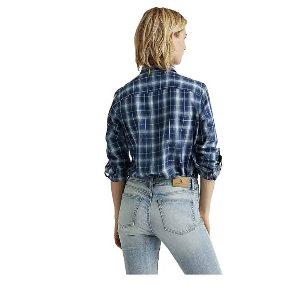 Lauren Ralph Lauren Black Label Plaid Cotton Twill Shirt Blue Womens Size 2X - Picture 2 of 14